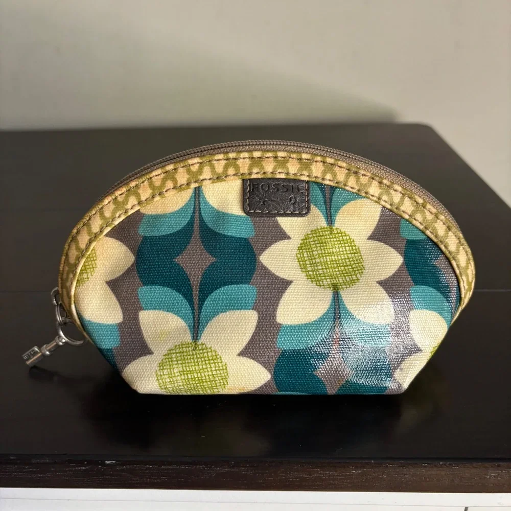 Fossil Key-Per | Retro Floral Coated Canvas Cosmetic Makeup Bag | Teal Green